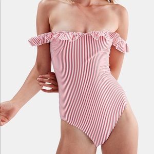 Solid and Striped red seersucker one piece